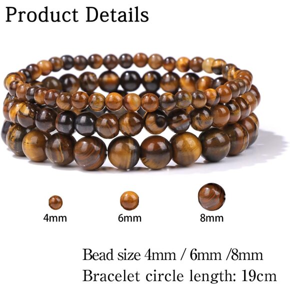 3 PCS 4,6,8mm Tiger Eye Healing Natural Stone Beaded Stretch Bracelet for Women - Picture 5 of 6